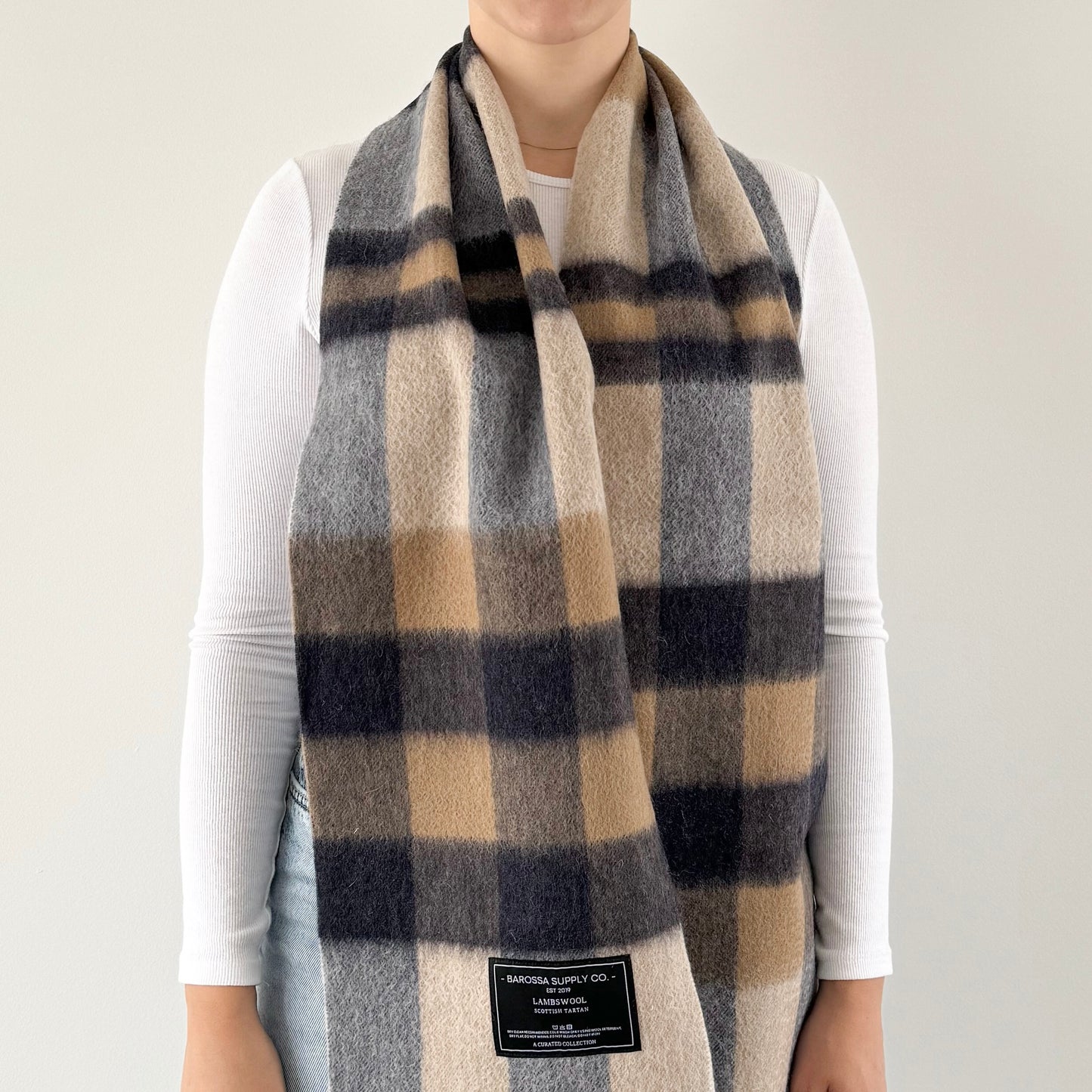 Neutral / Navy Check - Scottish Tartan Lambswool Scarf