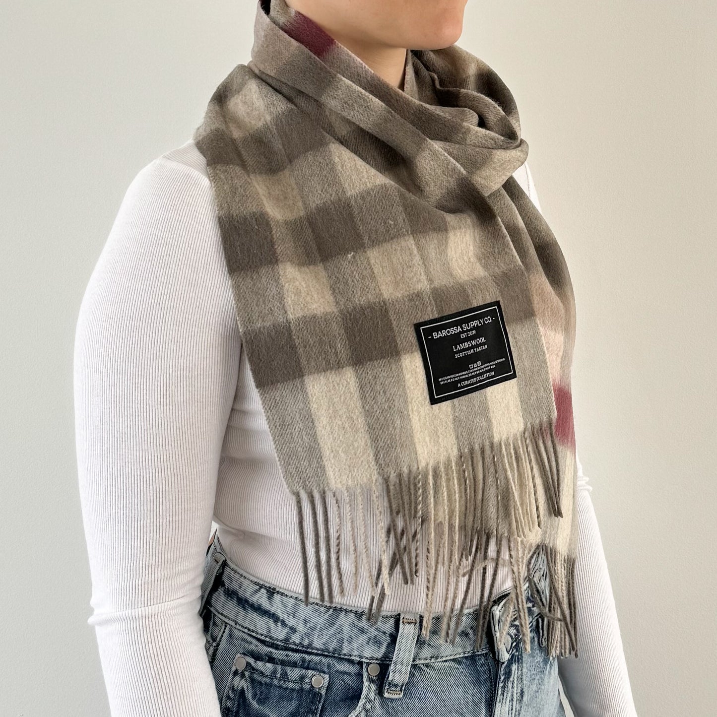 Giant Chequer Pink / Taupe - Scottish Tartan Lambswool Scarf