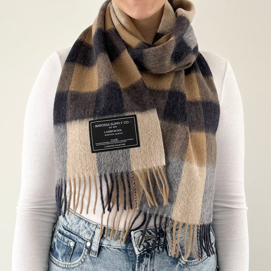 Neutral / Navy Check  - Scottish Tartan Lambswool Scarf