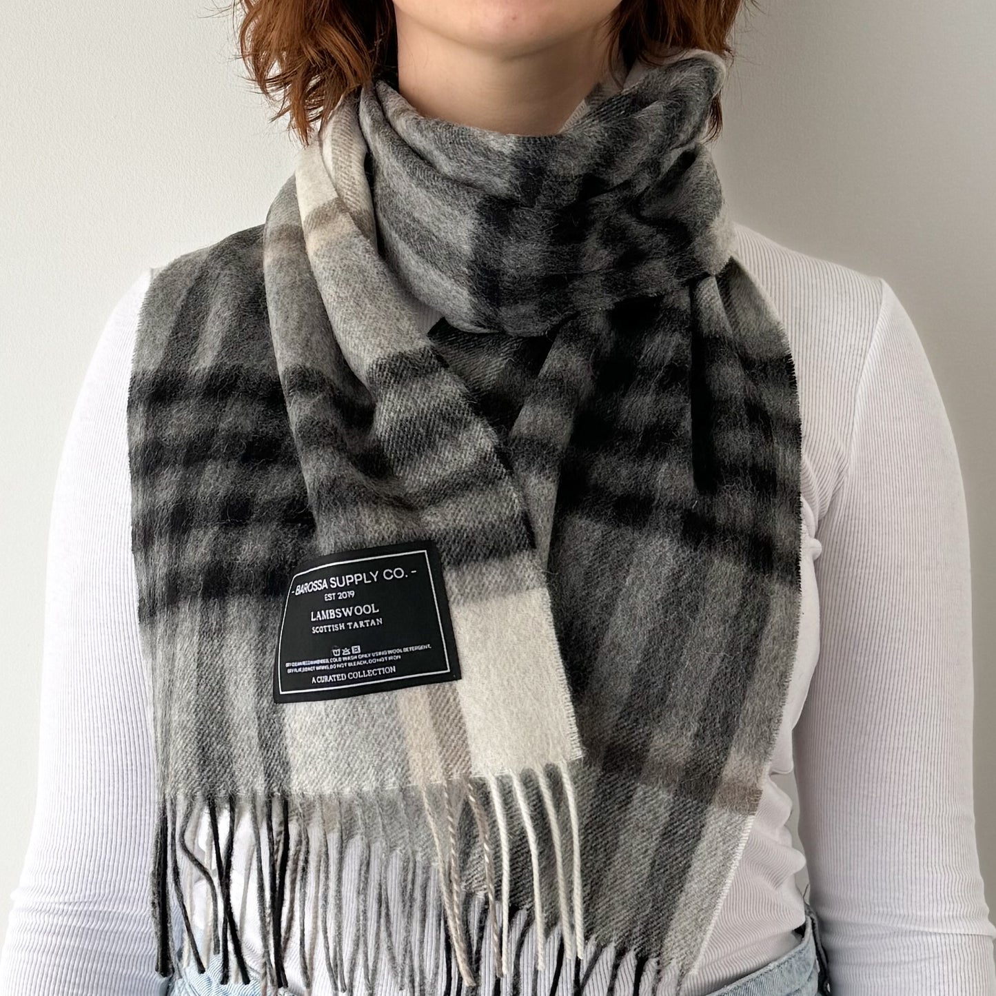 Chequer Grey + Pale Yellow -Scottish Tartan Lambswool Scarf