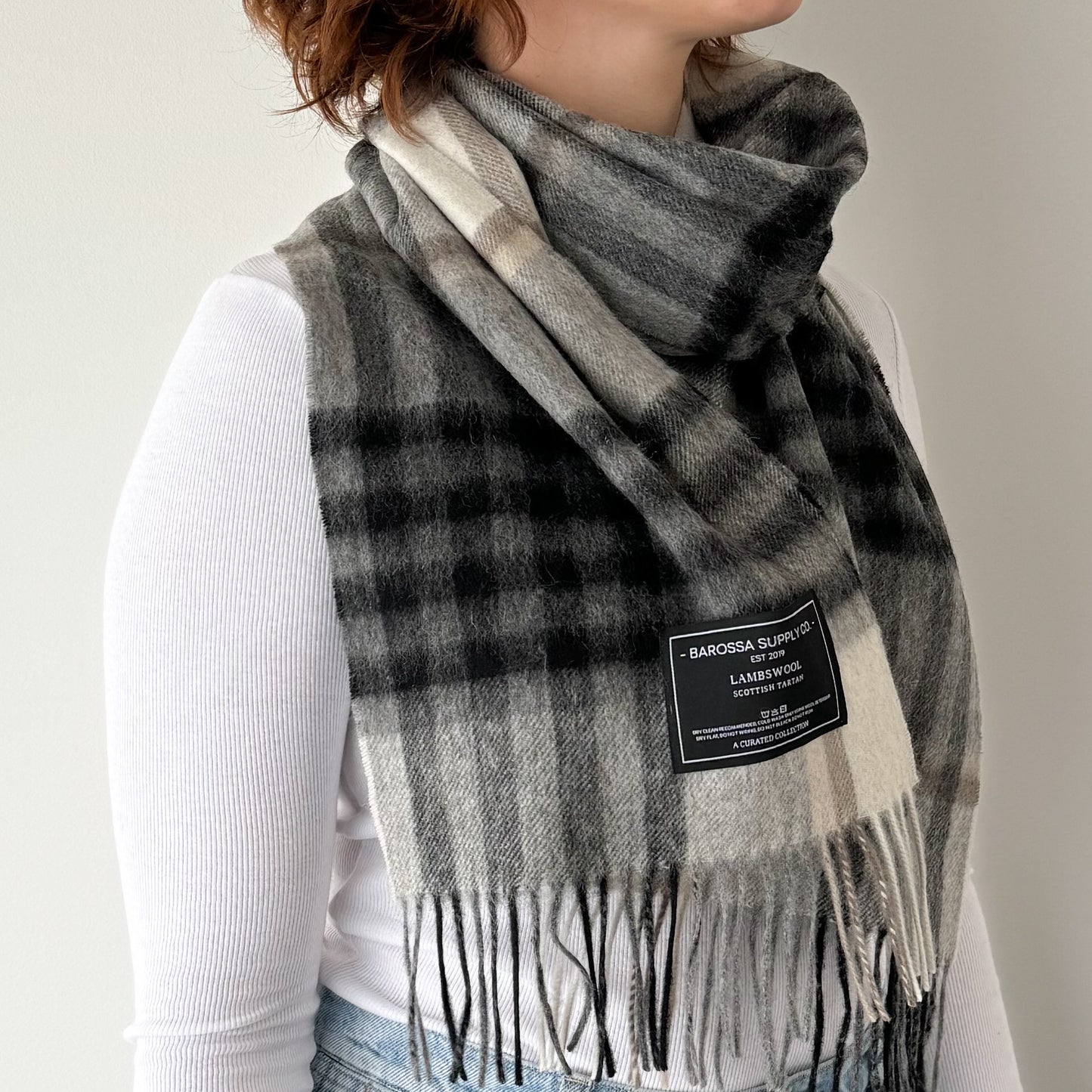 Chequer Grey + Pale Yellow -Scottish Tartan Lambswool Scarf