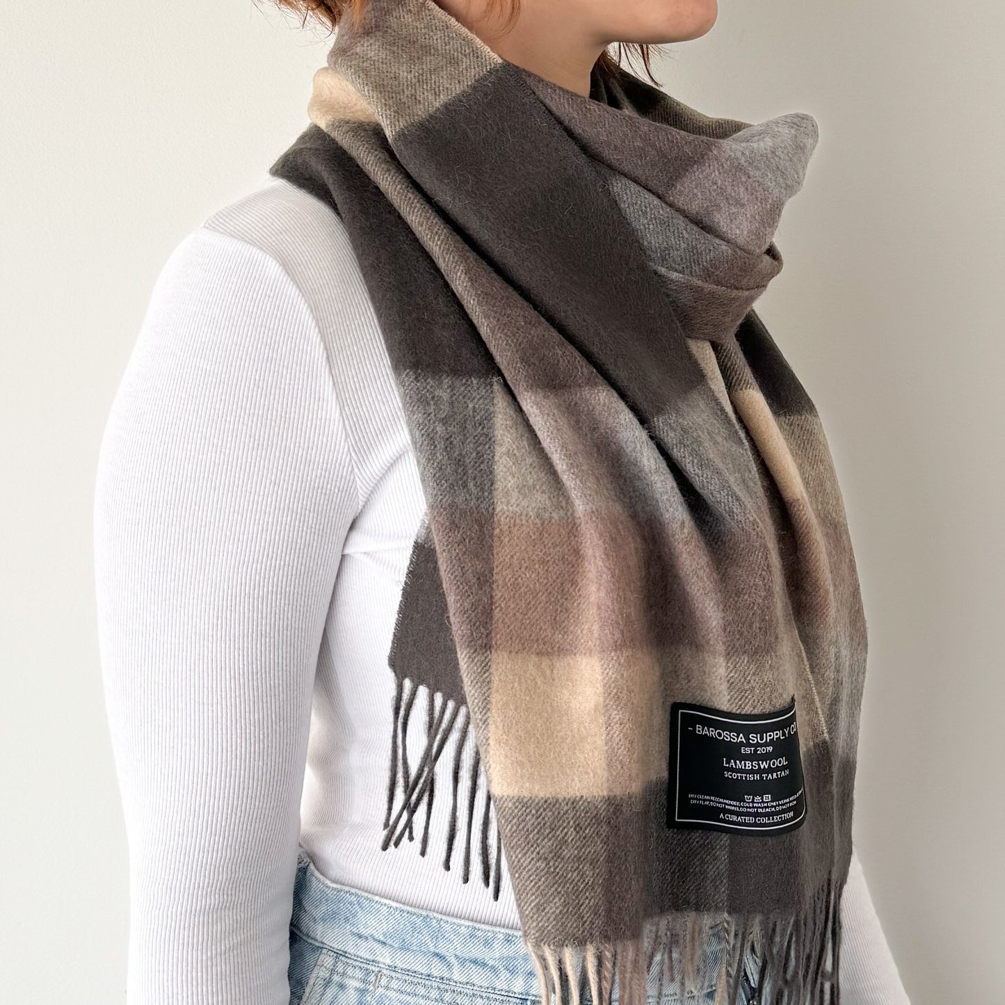 Neutral Check - Scottish Tartan Lambswool Wide Scarf