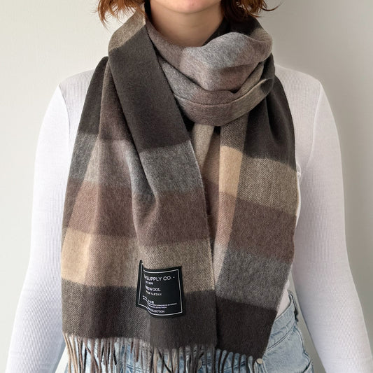 Neutral Check - Scottish Tartan Lambswool Wide Scarf