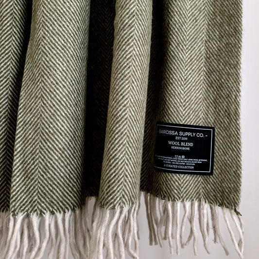 Olive - Herringbone Wool Blend Blanket