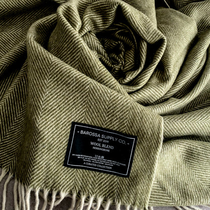 Olive - Herringbone Wool Blend Blanket