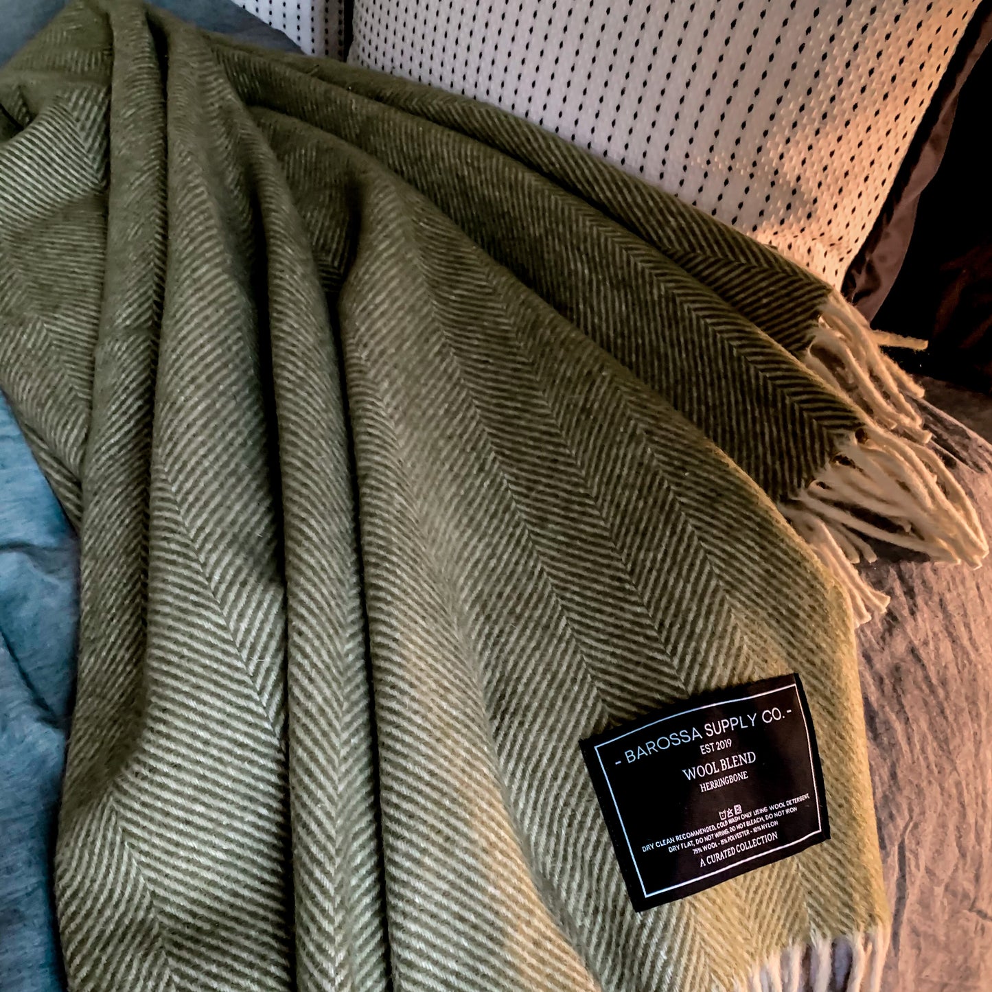 Olive - Herringbone Wool Blend Blanket