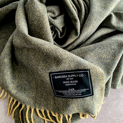 Blue / Yellow Ochre - Herringbone Wool Blend Blanket